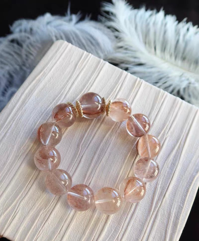 17mm Natural pink Hematoid Lepidocrocite Quartz Crystal beaded bracelet