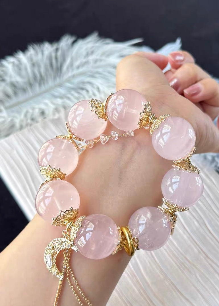 Handmade pink rose quartz crystal beaded bracelet