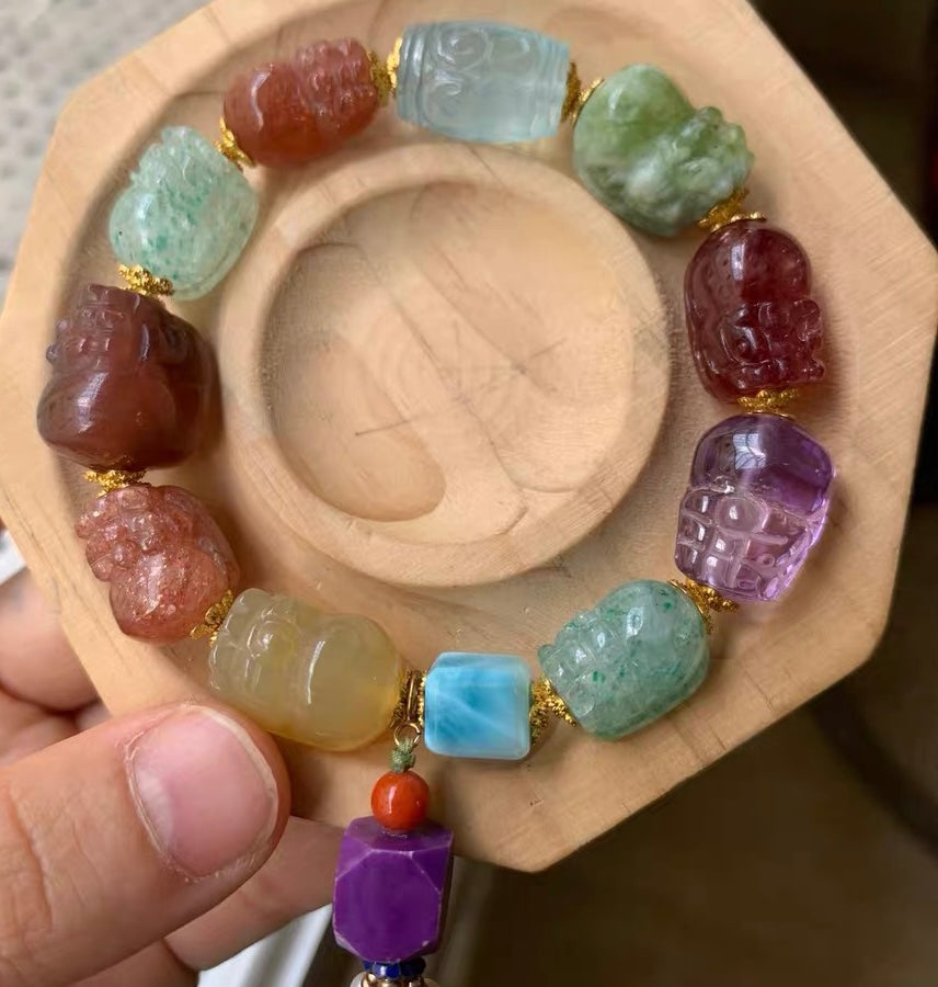 Natural Mixed Gemstone Crystal Carved beaded bracelet