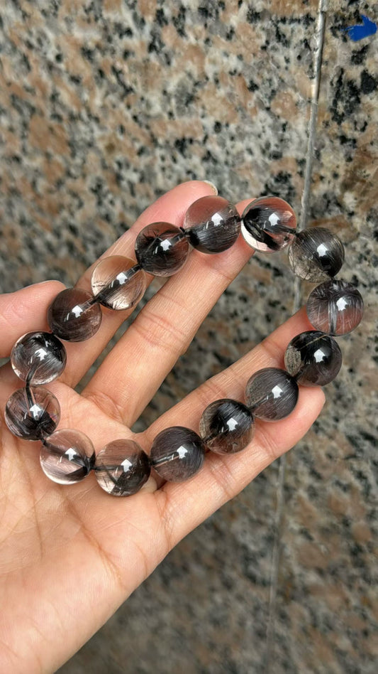 14mm High Quality Rare Natural Genuine Black Brookite Platinum Silver Rutilated Quartz Bracelet healing energy bracelet
