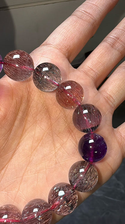 12.5mm Natural super seven Rutilated Quartz Crystal beads bracelet,Lepidocrocite in quartz,super7 bracelet