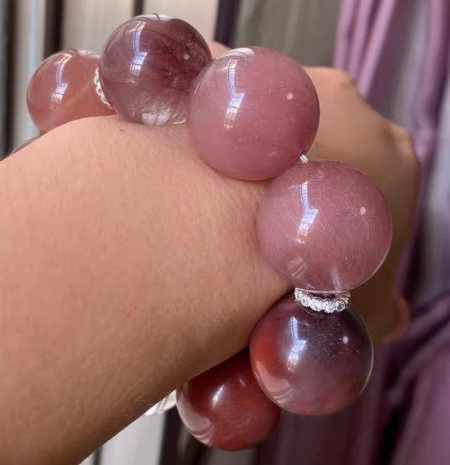 NATURAL Purple rabbit hair Rutilated Quartz Crystal beaded bracelet 22mm