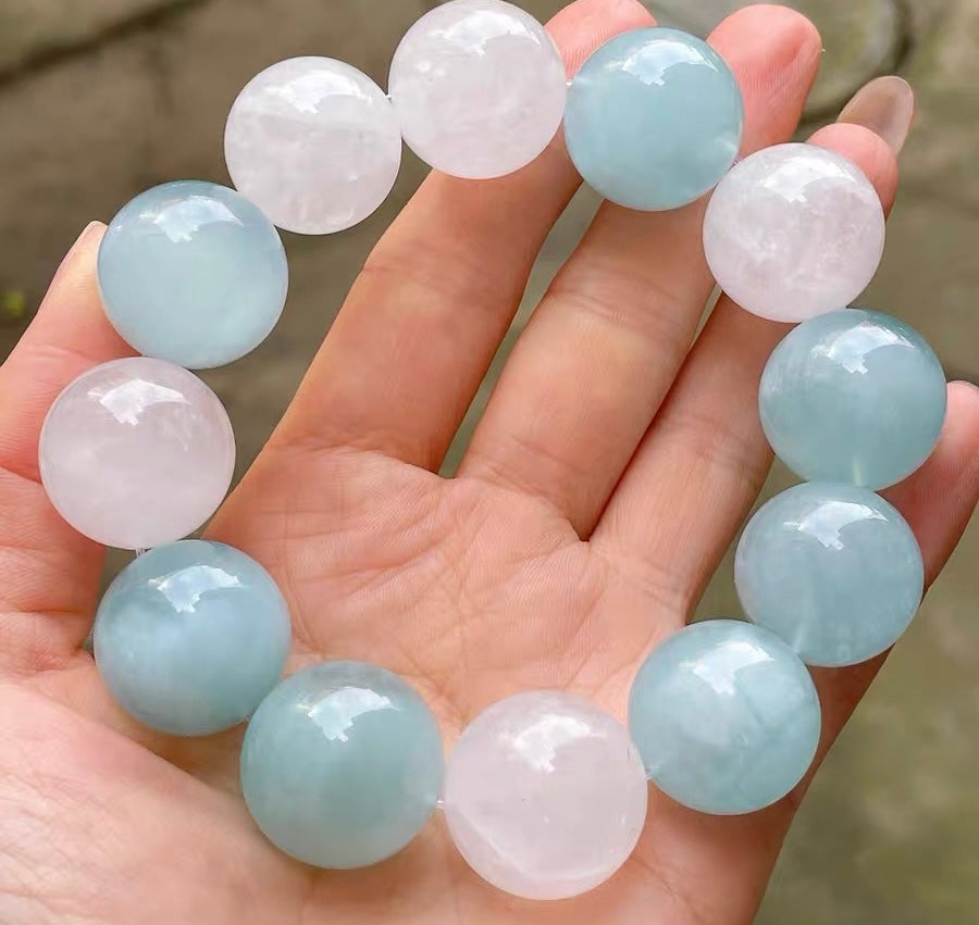 19mm Natural aquamarine and white phantom quartz Crystal beads bracelet
