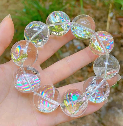 23mm Natural Rainbow White ASai Rock Quartz Crystal beaded bracelet