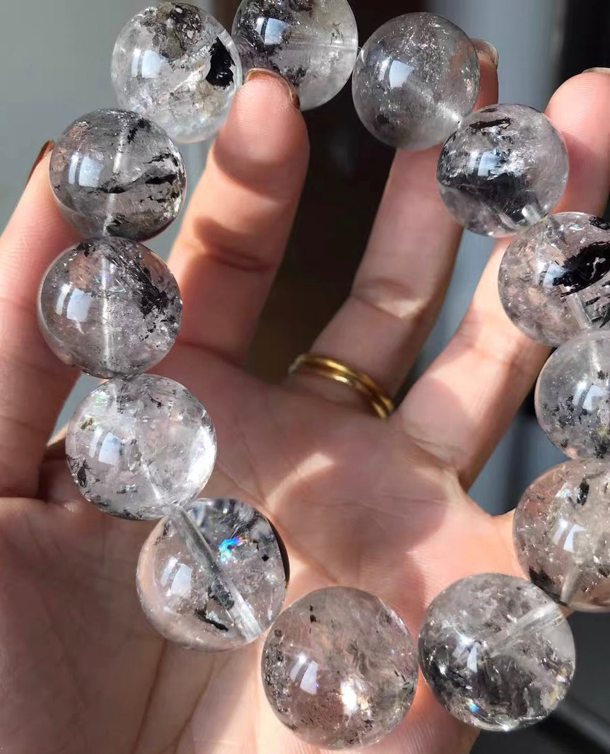 Natural Rainbow Herkimer diamond Quartz Crystal beads bracelet 18mm