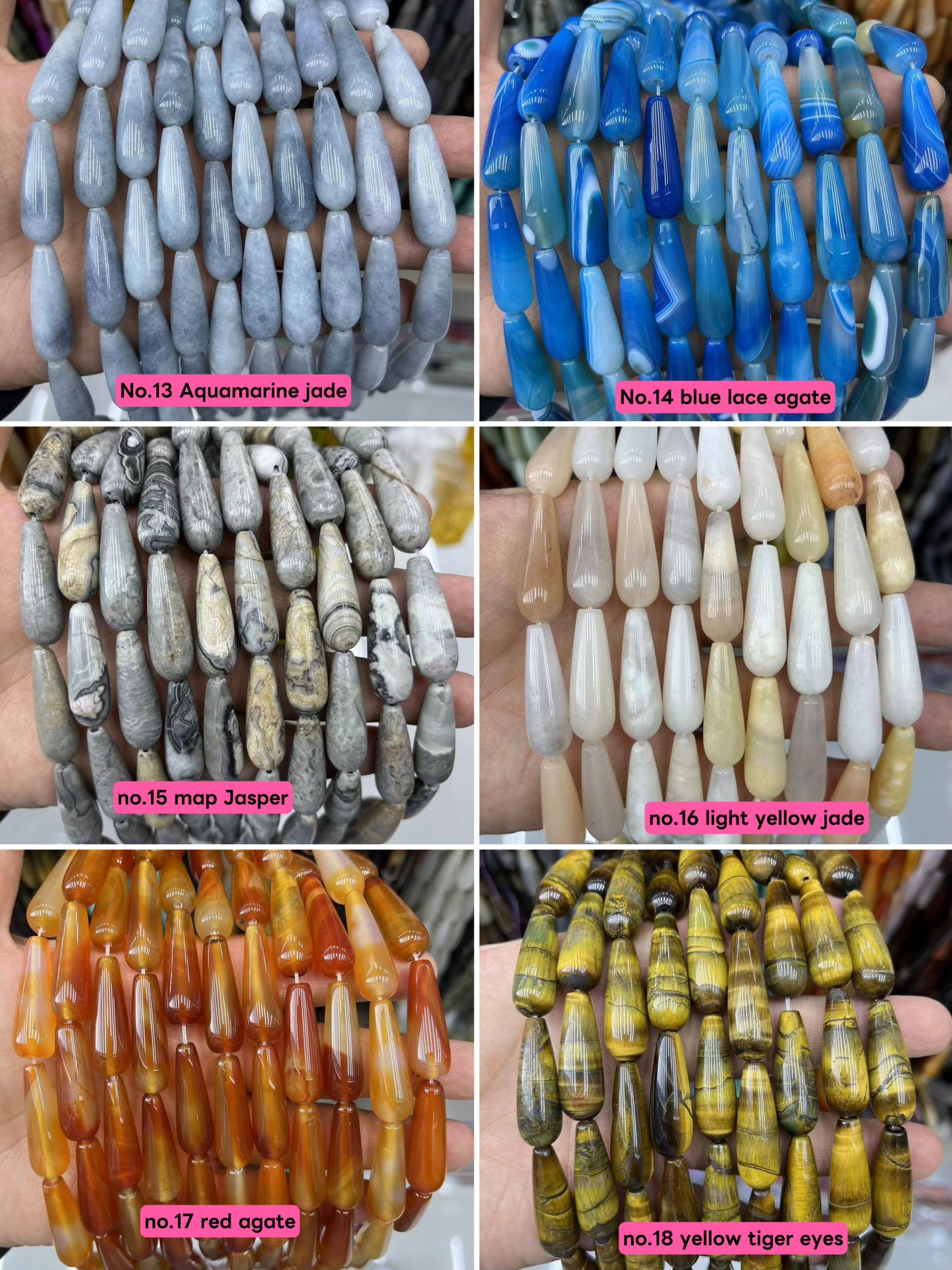 Natural Unakite Jasper , Aquamarine,Yellow Jade,White Howlite, Amazonite,Tigereyes,India Agate Smooth Teardrop Beads 10mm*30mm