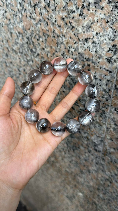 17mm High Quality Rare Natural Genuine Black Brookite Platinum Silver Rutilated Quartz Bracelet healing energy bracelet