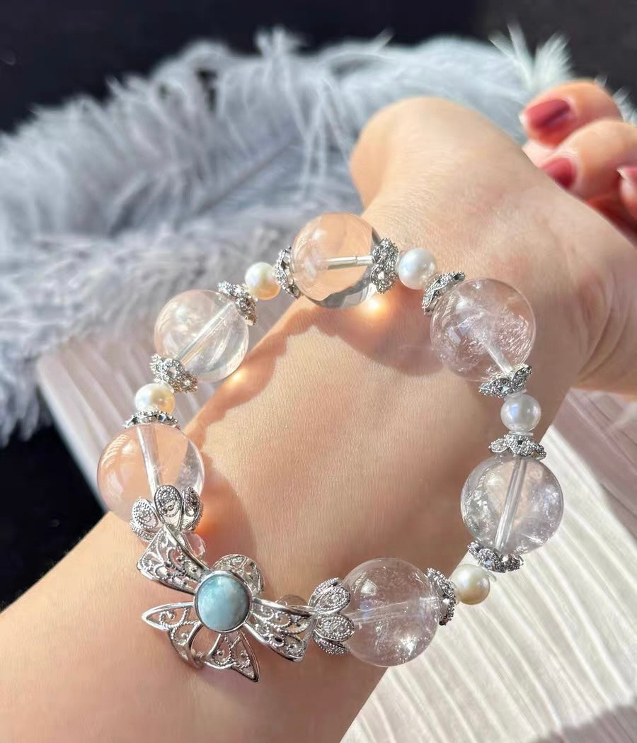 Pink Snow phantom quartz Crystal beaded bracelet 17mm