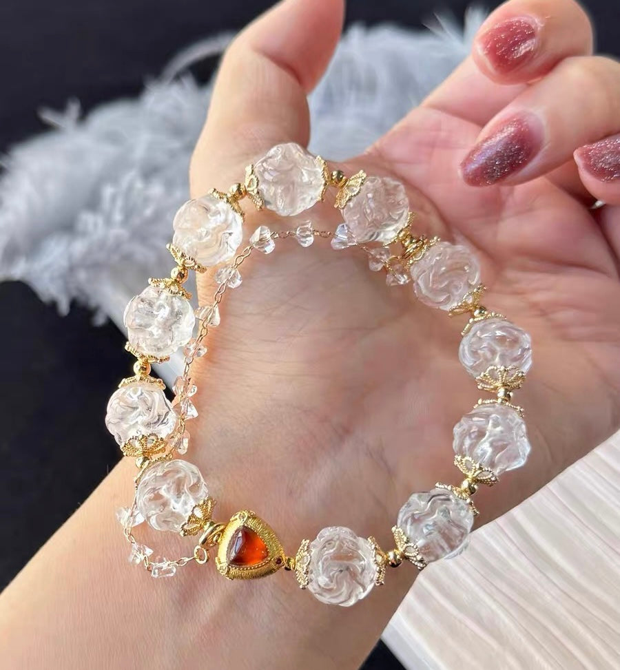 Rock quartz Crystal Carved beaded bracelet 12mm
