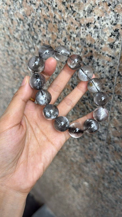 17mm High Quality Rare Natural Genuine Black Brookite Platinum Silver Rutilated Quartz Bracelet healing energy bracelet
