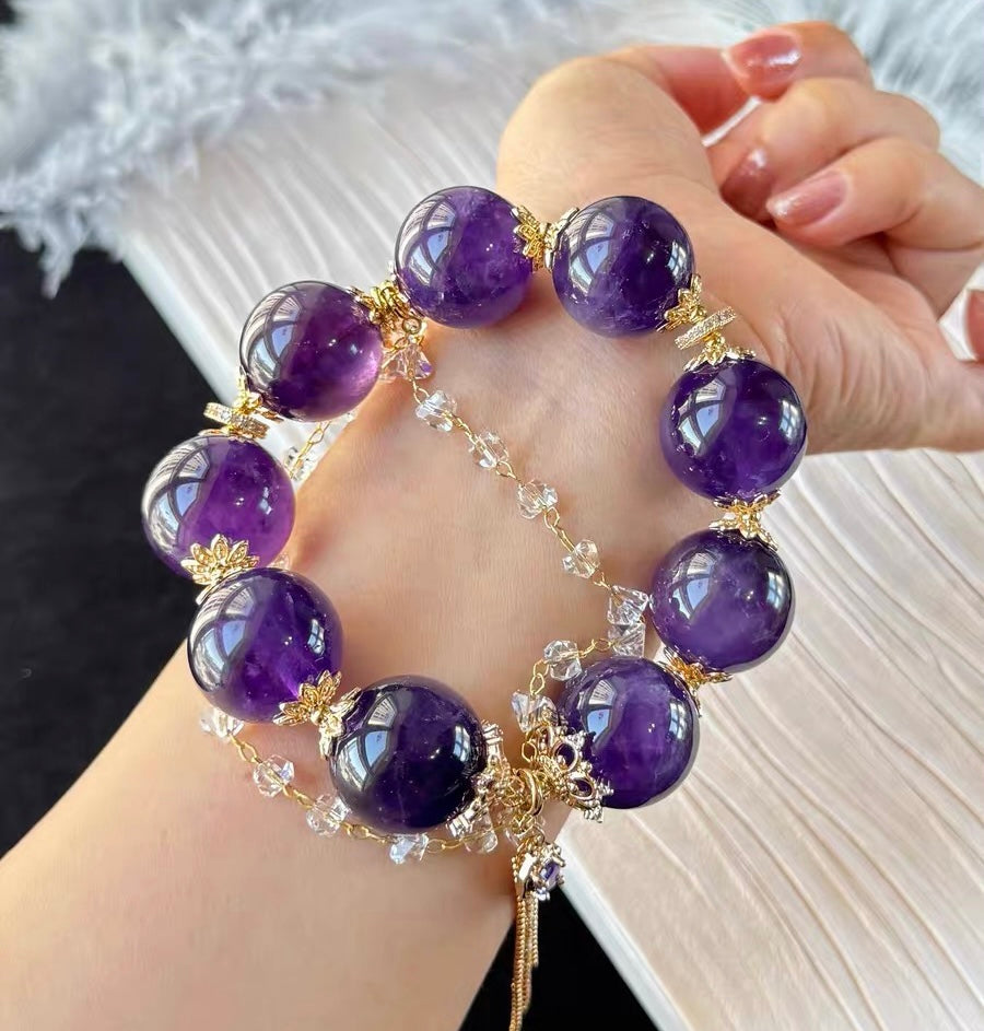 19mm Natural Purple Amethyst Quartz Crystal beaded bracelet