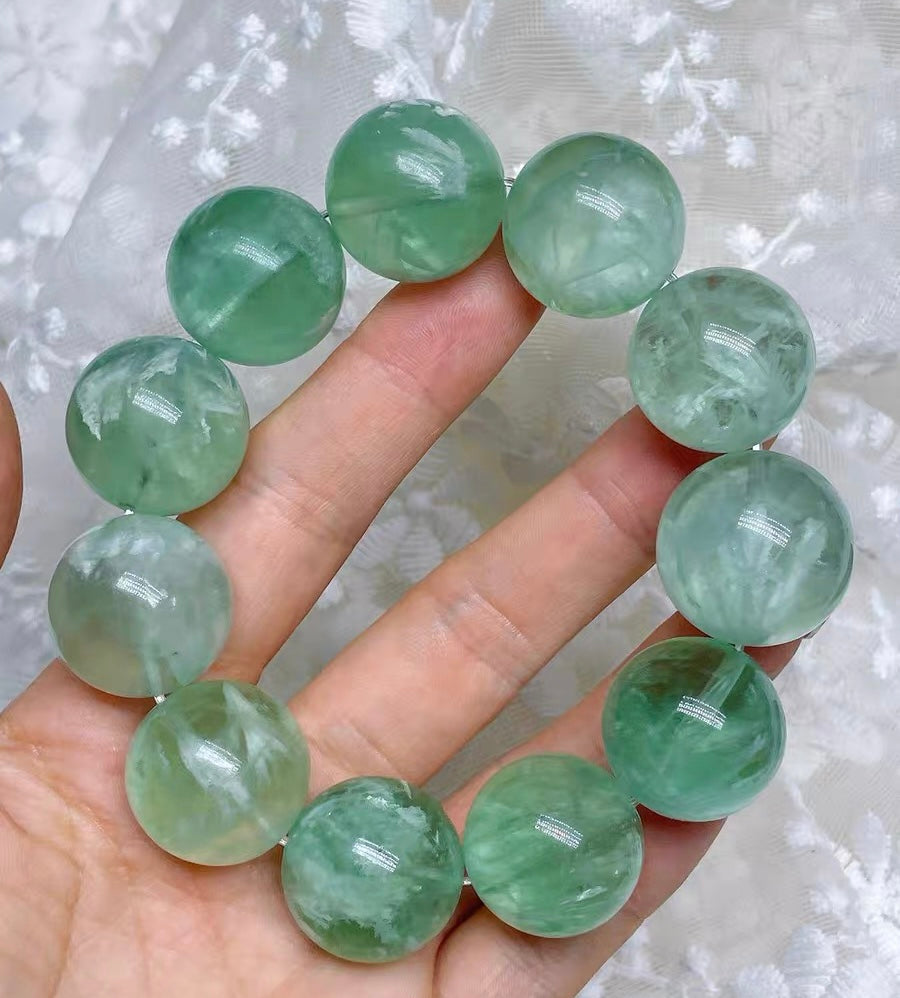 Natural Feathers Green fluorite beads bracelet 19.5mm