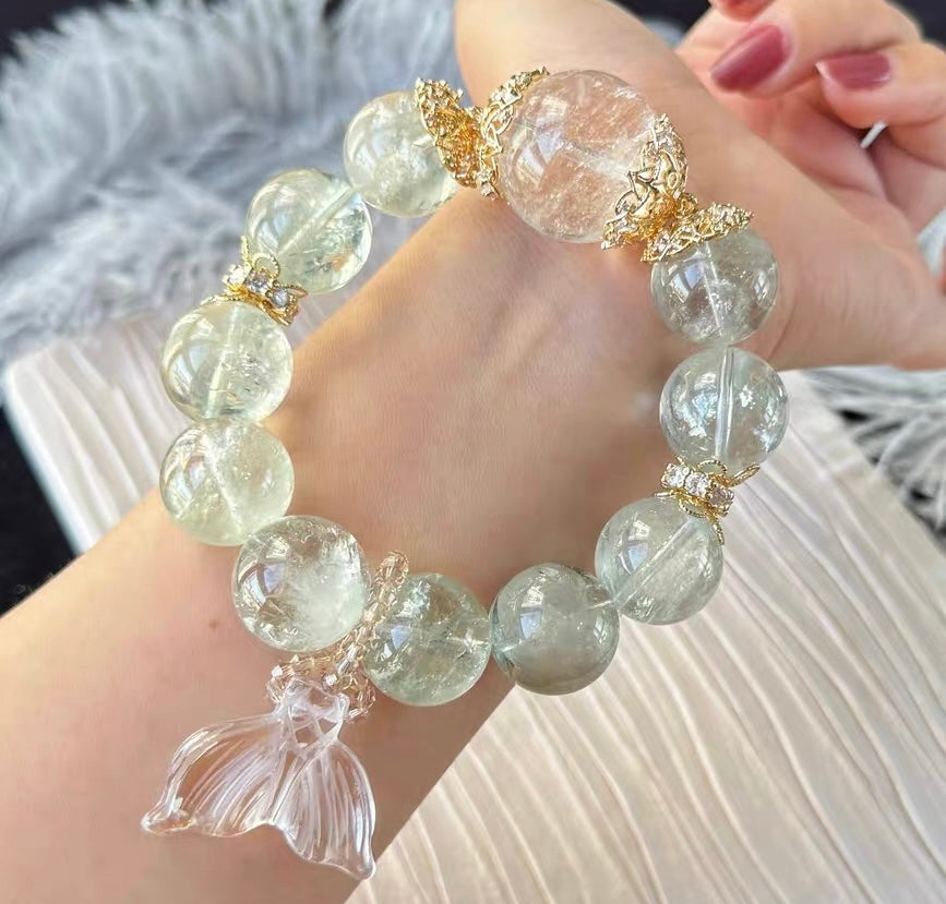 Natural Green Asai Quartz Crystal beaded bracelet 17mm