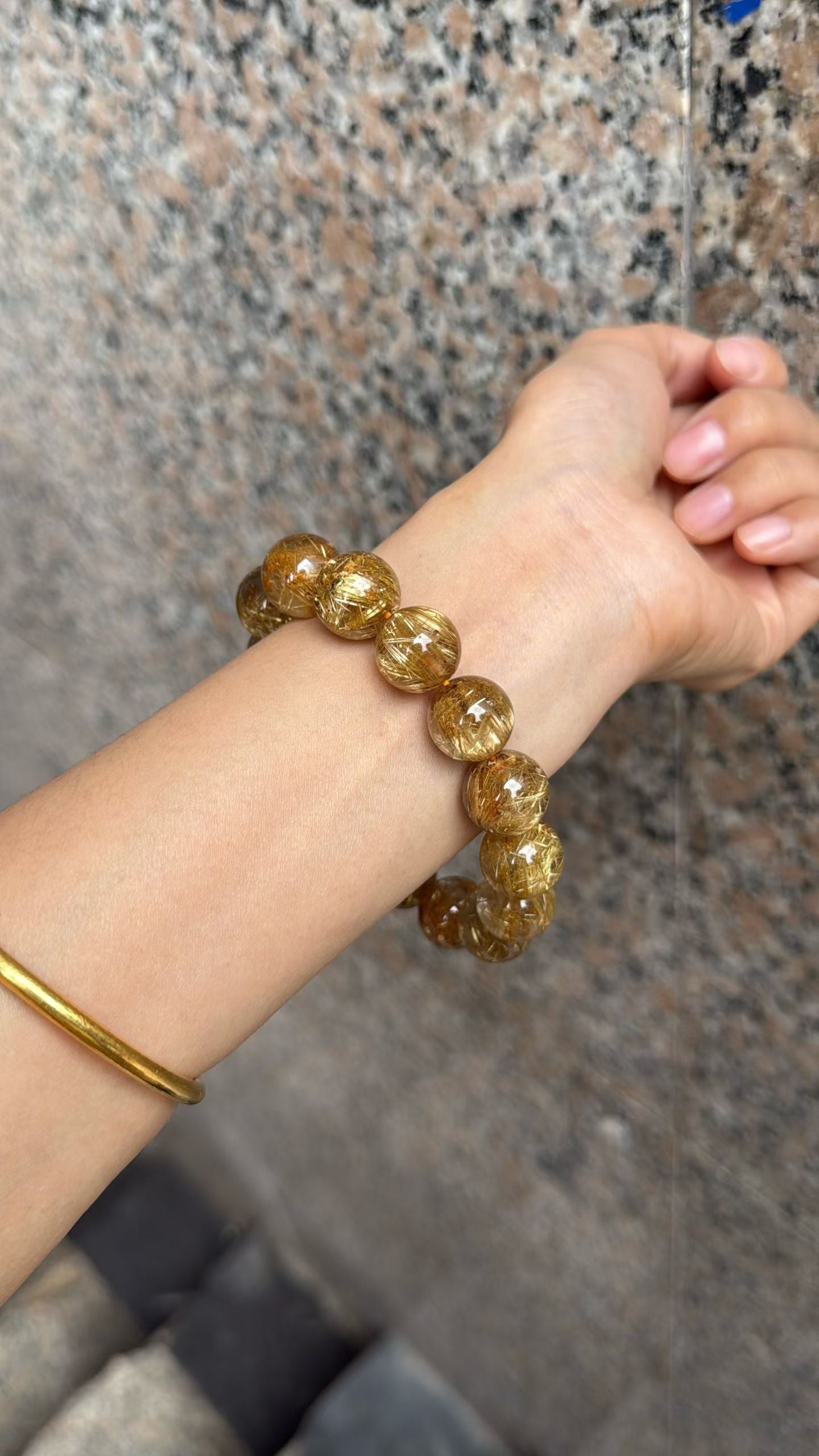 14MM Natural Golden Titanium Crystal Rutilated Quartz beaded bracelet