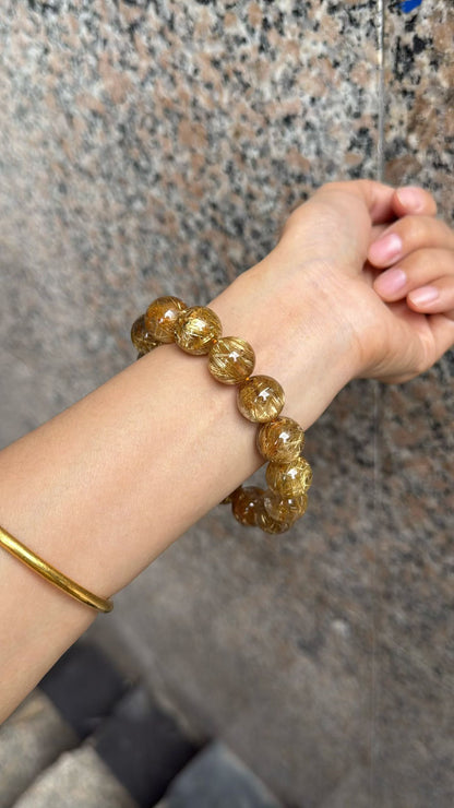 14MM Natural Golden Titanium Crystal Rutilated Quartz beaded bracelet