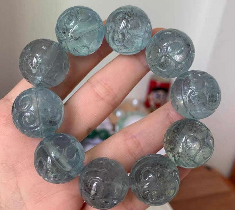 20mm Natural Black Starlight Aquamarine Carved beaded bracelet