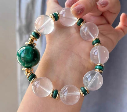 Natural Rock quartz Crystal and malachite beaded bracelet