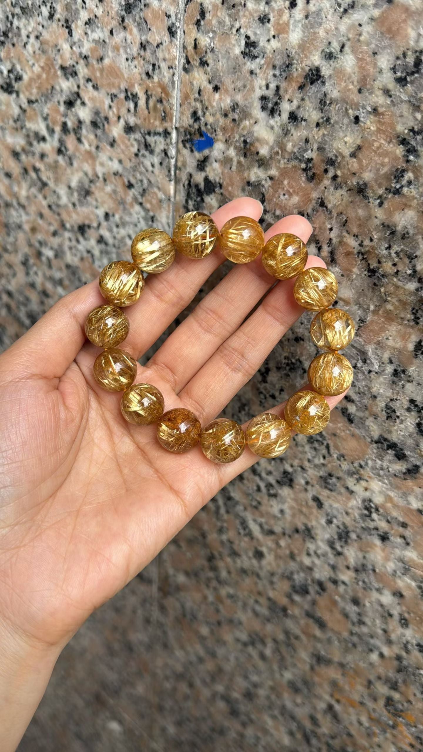 14MM Natural Golden Titanium Crystal Rutilated Quartz beaded bracelet