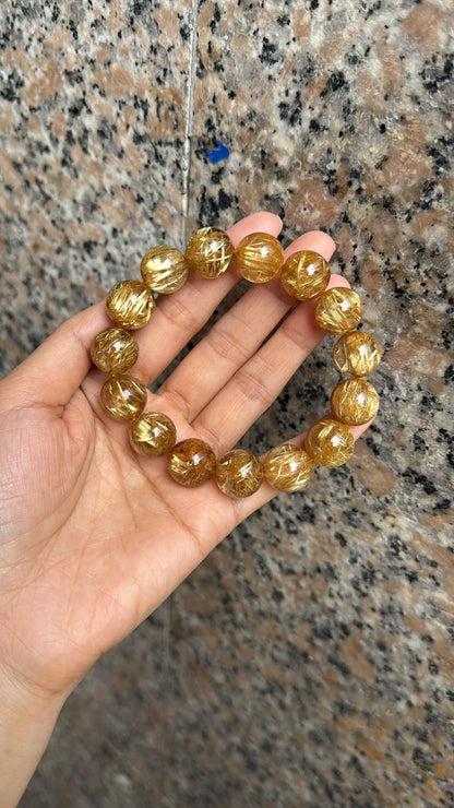 14MM Natural Golden Titanium Crystal Rutilated Quartz beaded bracelet