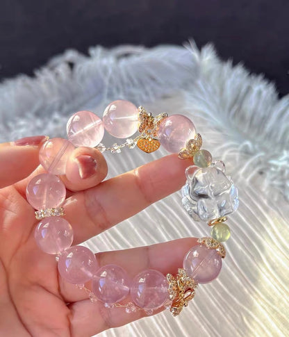 14mm Handmade pink rose quartz crystal beaded bracelet