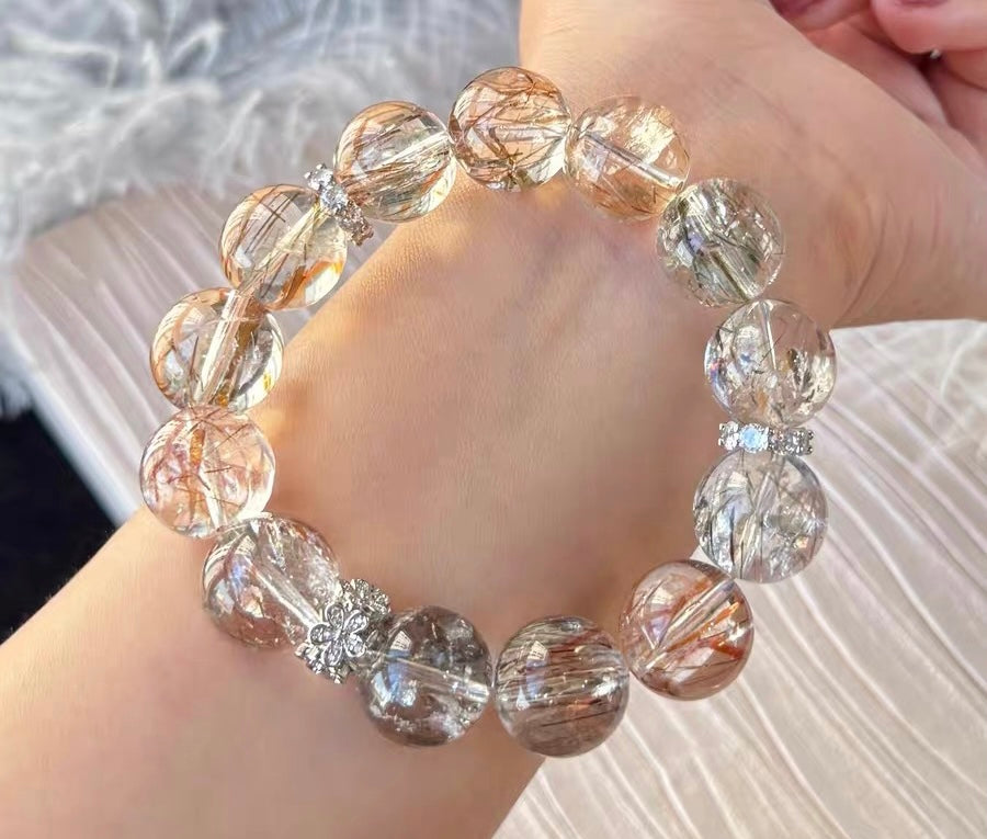 Natural Black Golden Super seven tourmaline Rutilated Quartz Crystal beads bracelet