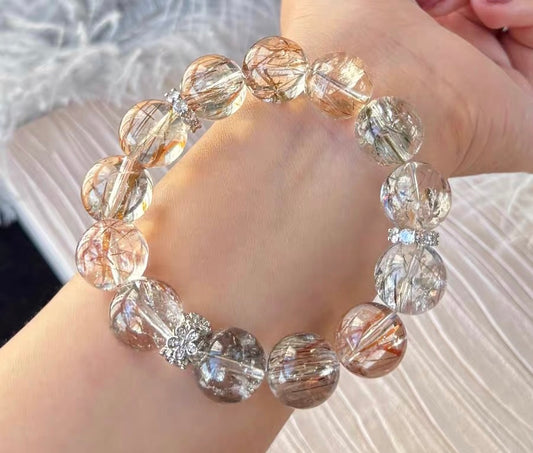 Natural Black Golden Super seven tourmaline Rutilated Quartz Crystal beads bracelet