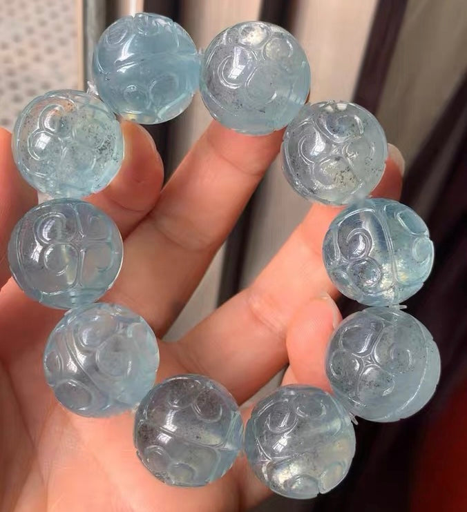 20mm Natural Black Starlight Aquamarine Carved beaded bracelet
