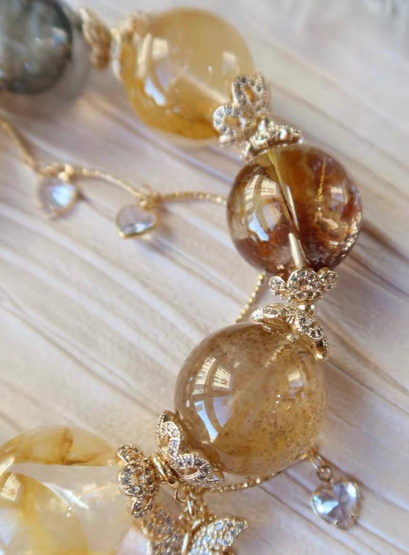 Natural yellow pyrite Hematoid Lepidocrocite Quartz Crystal beads bracelet,19mm