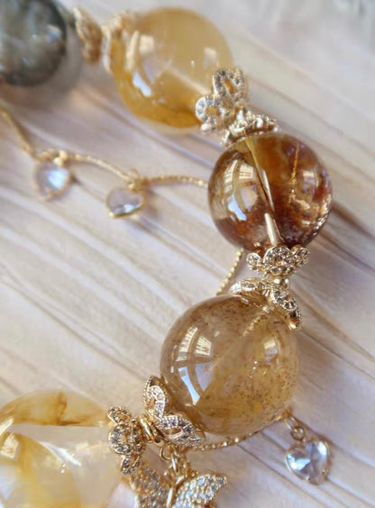 Natural yellow pyrite Hematoid Lepidocrocite Quartz Crystal beads bracelet,19mm