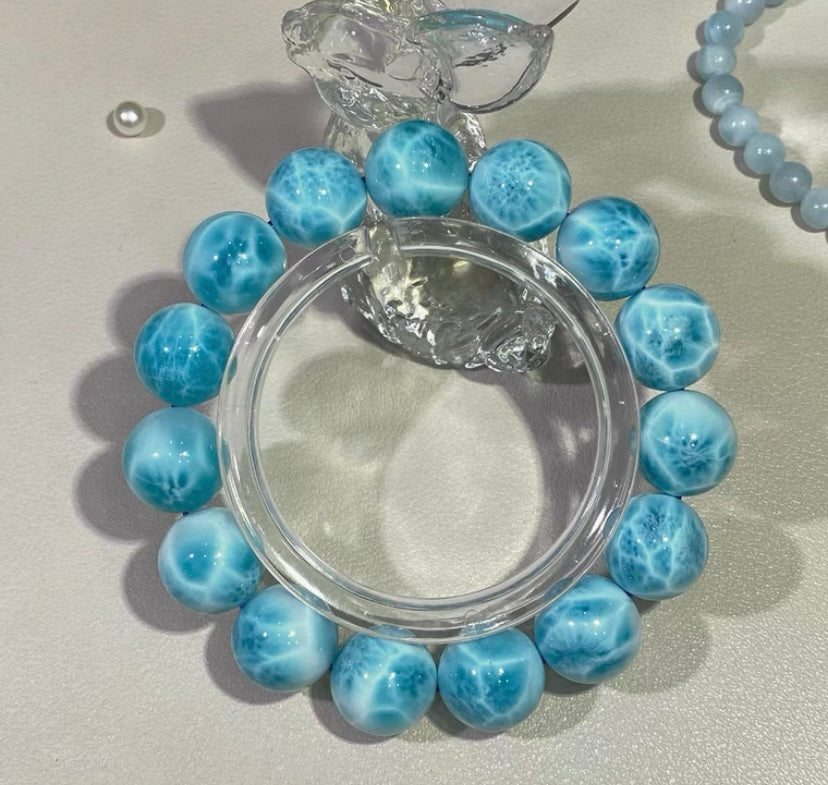 Natural blue Larimar beaded bracelet 14mm