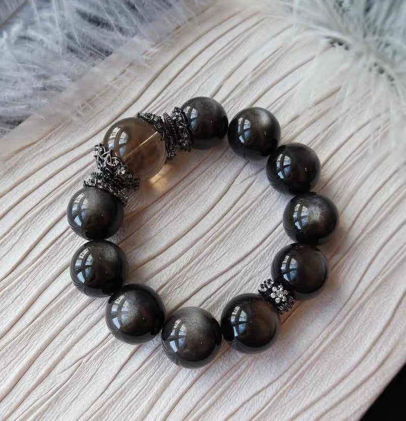 Natural silver obsidian and Smoky Quartz Crystal beaded bracelet 18mm