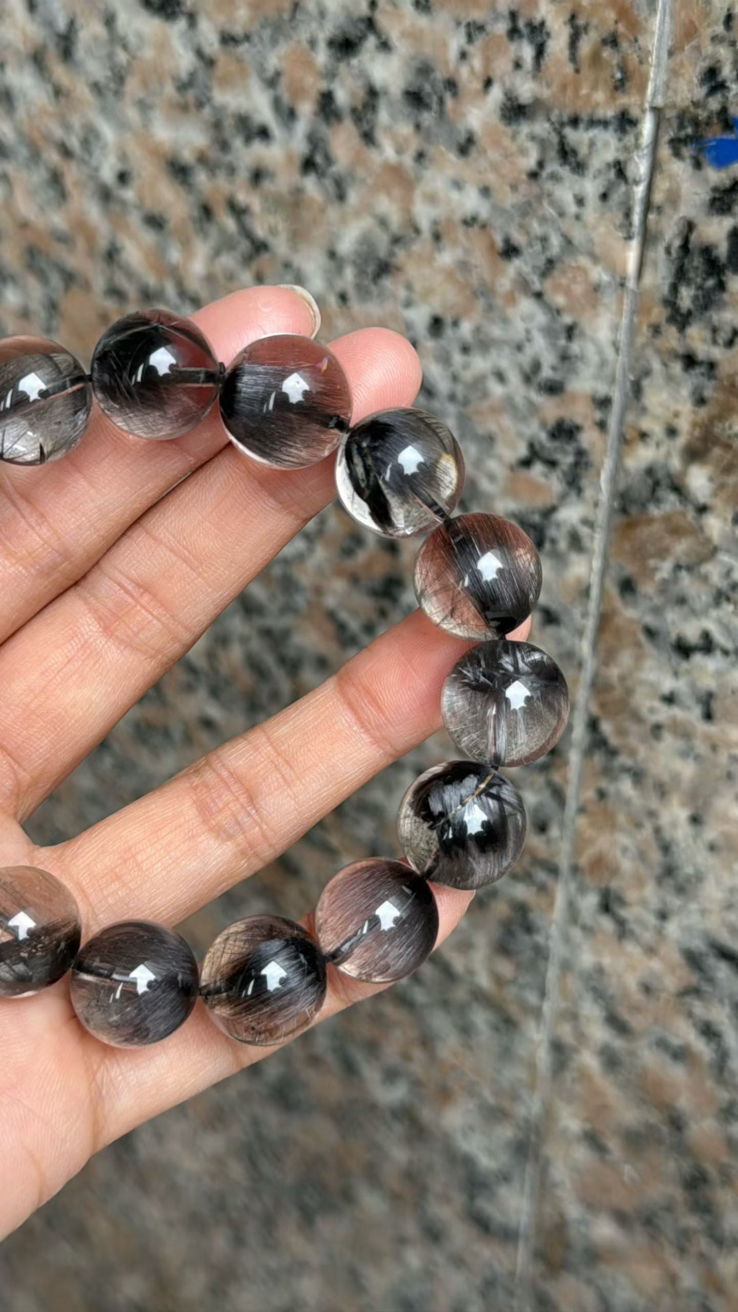 14mm High Quality Rare Natural Genuine Black Brookite Platinum Silver Rutilated Quartz Bracelet healing energy bracelet