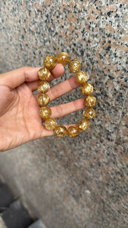 14MM Natural Golden Titanium Crystal Rutilated Quartz beaded bracelet