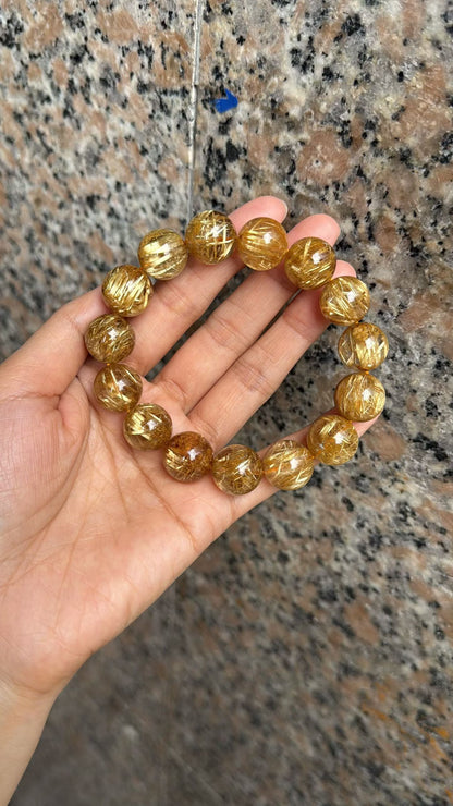 14MM Natural Golden Titanium Crystal Rutilated Quartz beaded bracelet