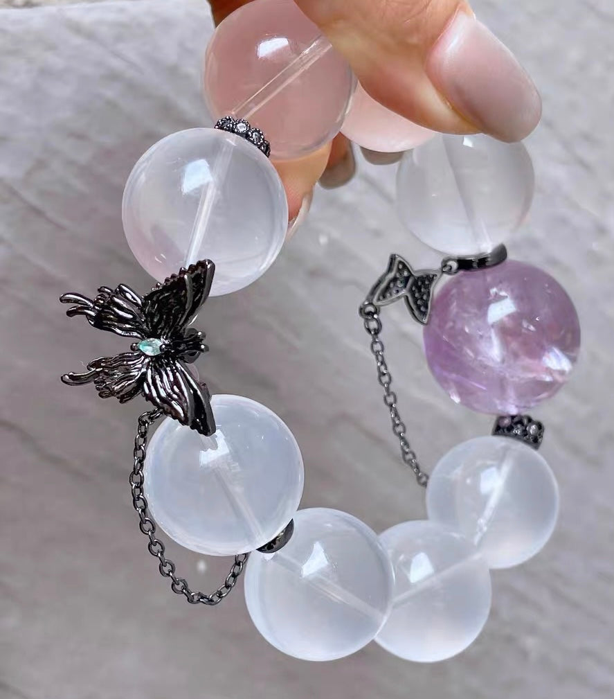 Natural Rock Quartz Crystal and Amethyst Quartz Crystal beaded bracelet,19mm