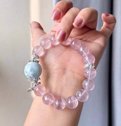 Natural pink Rose quartz Crystal and Larimar beaded bracelet 12mm