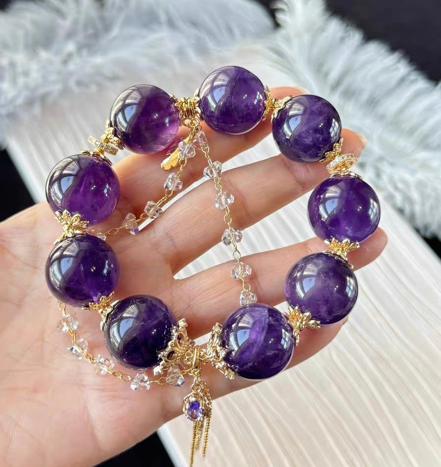19mm Natural Purple Amethyst Quartz Crystal beaded bracelet