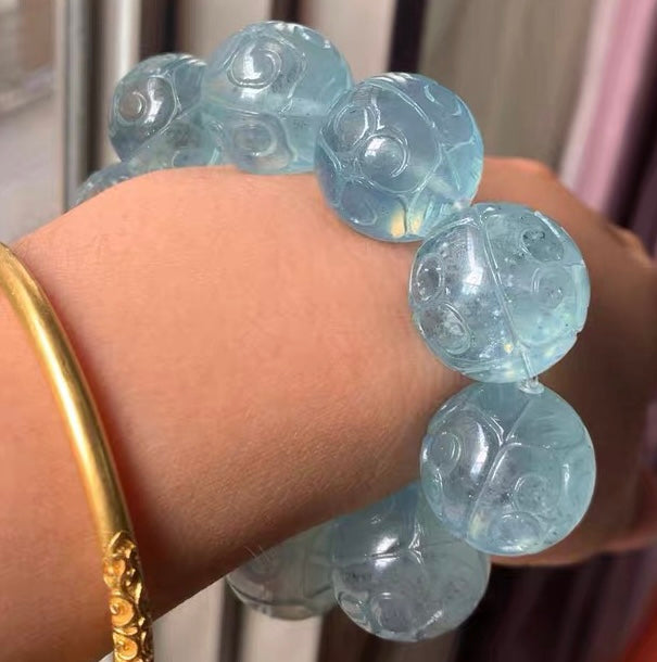 20mm Natural Black Starlight Aquamarine Carved beaded bracelet
