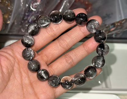 12mm High Quality Rare Natural Genuine Black Brookite Platinum Silver Rutilated Quartz Bracelet healing energy bracelet