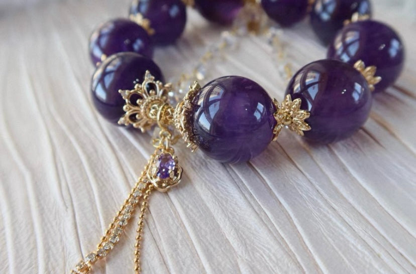 19mm Natural Purple Amethyst Quartz Crystal beaded bracelet