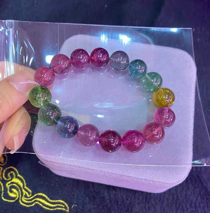 Natural Genuine Rainbow tourmaline purple blue red pink Green yellow color beads bracelet 12mm