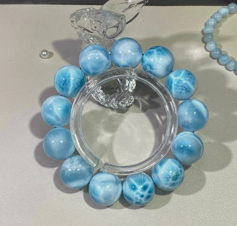 17mm Natural blue Larimar round handmade beaded bracelet