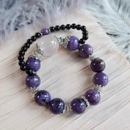 Natural Charoite purple and obsidian handmade beads bracelet