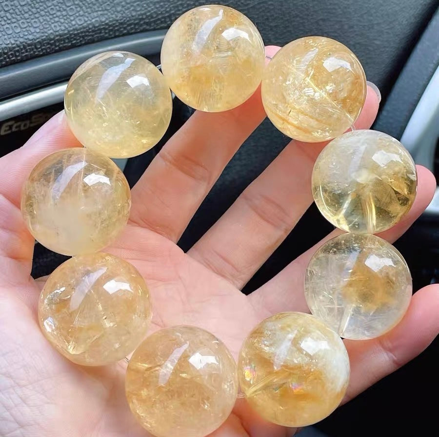Natural Yellow Asai Citrine Quartz Crystal round beads bracelet 26.5mm
