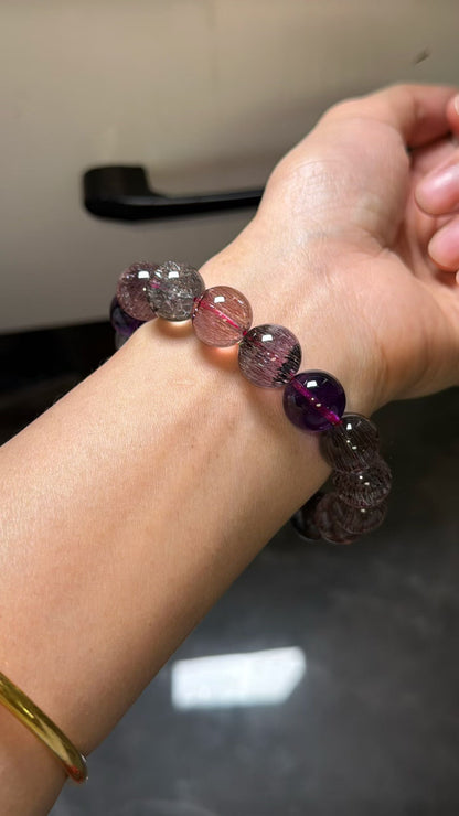 12.5mm Natural super seven Rutilated Quartz Crystal beads bracelet,Lepidocrocite in quartz,super7 bracelet