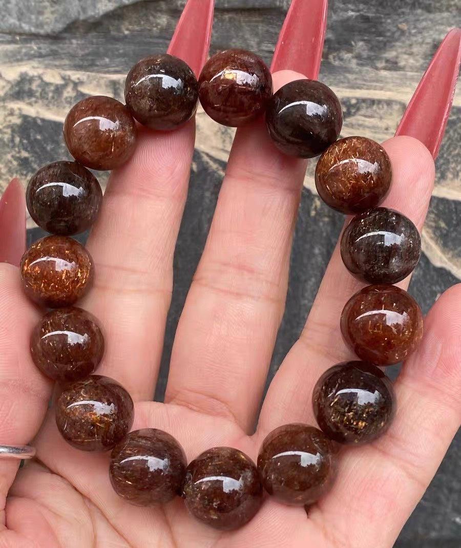 Natural Black Golden super seven Rutilated Quartz Crystal beads bracelet 14mm