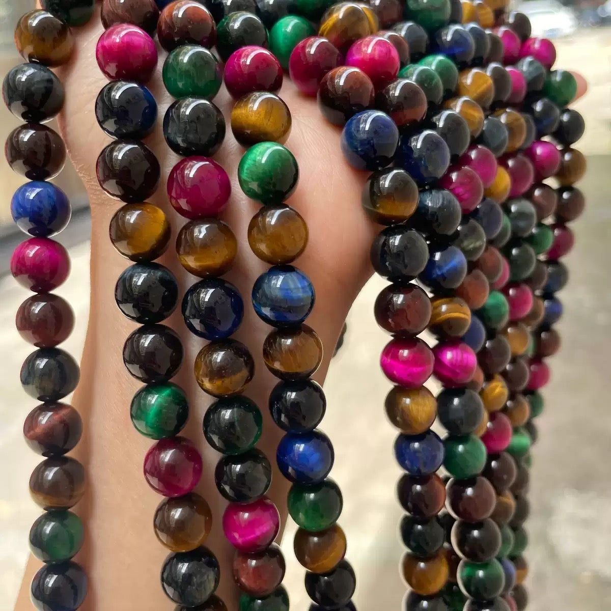 Natural mixed color tiger'eyes Red blue green yellow purple smooth round beads