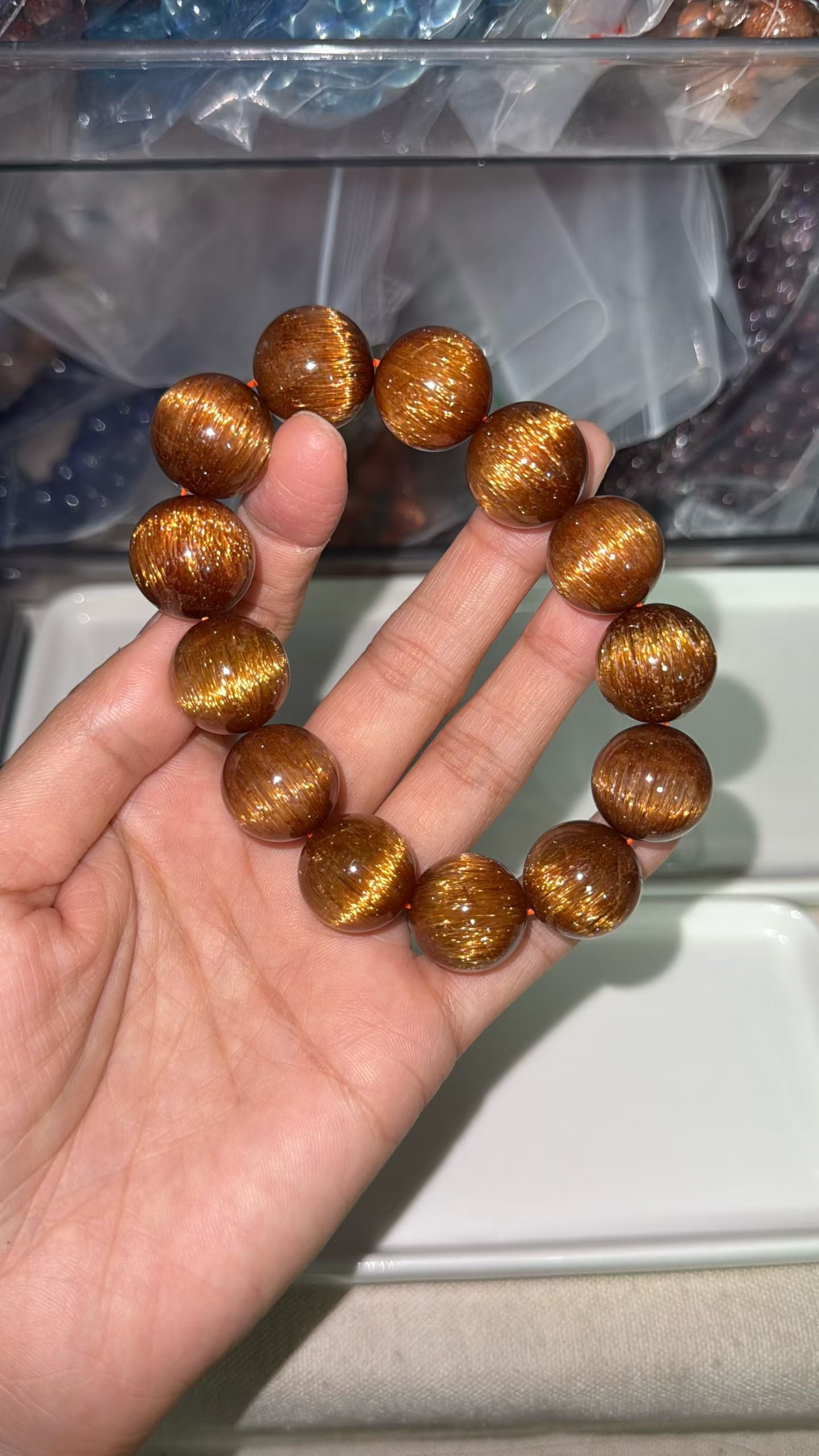 Natural Copper Titanium crystal Rutilated Quartz beaded bracelet 17mm