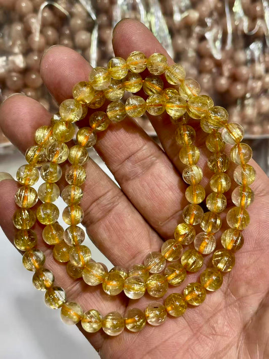 6.5mm Natural Golden Rutilated Crystal quartz beads bracelet,3 laps bracelet