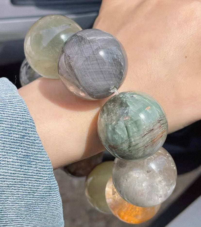 30mm Natural large size phantom rabbit hair Rutilated Quartz Crystal beads bracelet